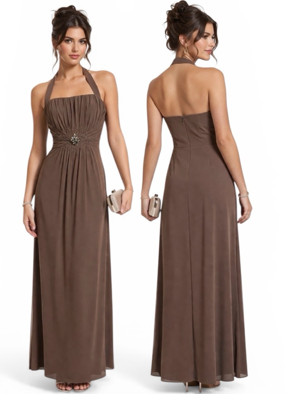 Vintage 90s Y2K Deadstock Cachet Mocha Brown Beaded Halter Maxi Formal Gown 8